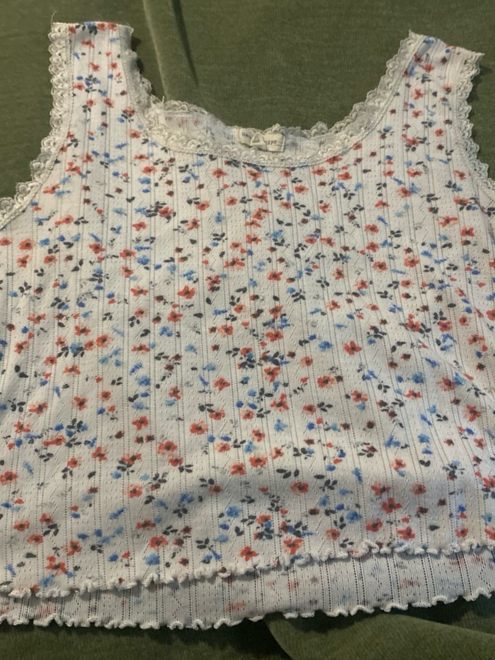 Heart & Hips White Floral Ribbed Tank with Blue & Pink Flowers